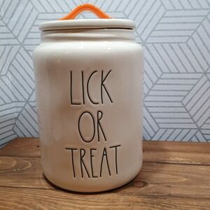 Rae Dunn LICK OR TREAT White & Orange Canister for Pet Treats w/ gasket seal